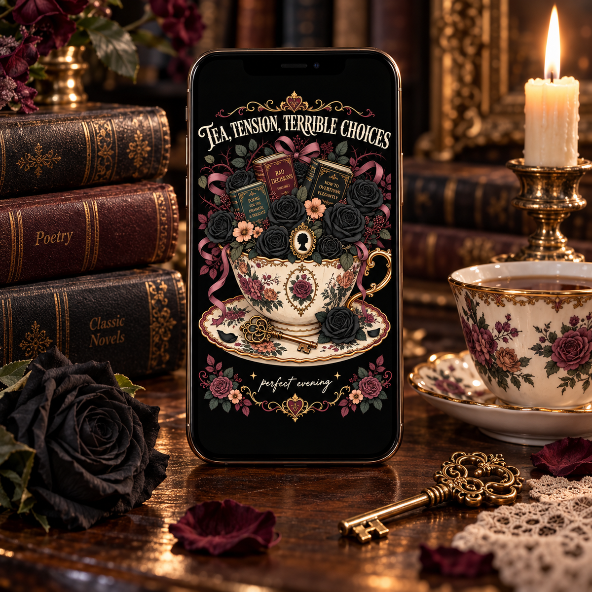 Dark Romance Printable Wall Art Set, Tea Tension Terrible Choices Print, Gothic Book Lover Decor, Bookmark and Phone Wallpaper