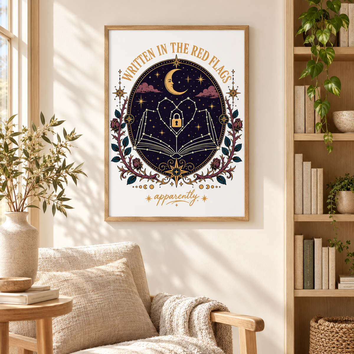 Dark Romance Printable Set, Written in the Red Flags Wall Art, Celestial Book Lover Decor, Printable Bookmark, Phone Wallpaper