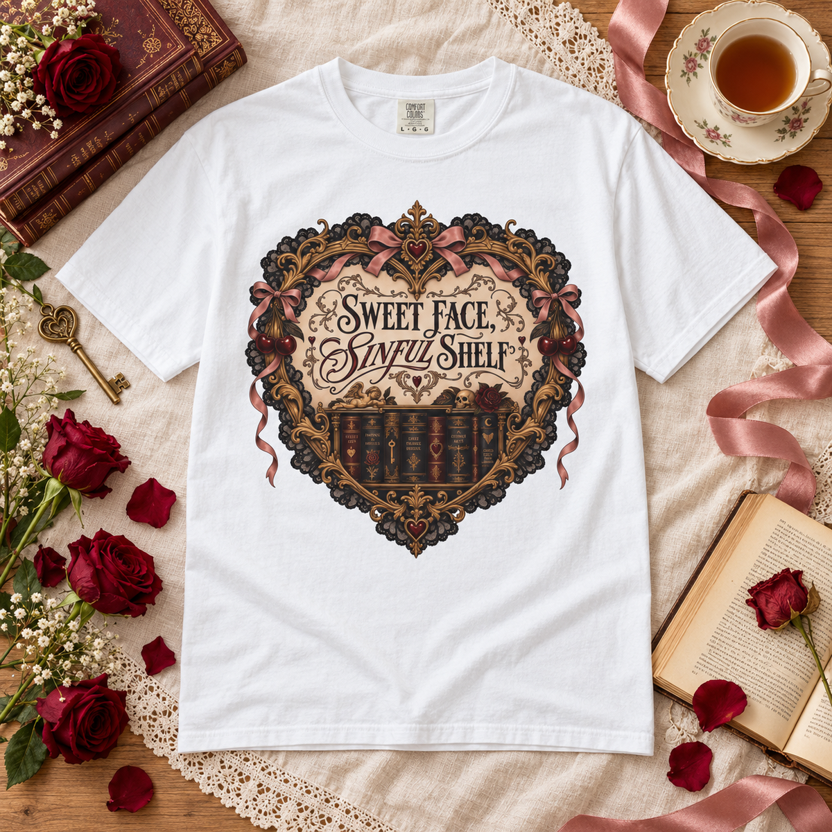 A white short-sleeve graphic T-shirt laid flat on a beige fabric surface with decorative props including red roses, an open book, a teacup, lace, and a key. The shirt features a large ornate heart-shaped vintage-style graphic with the text 'Sweet Face, Stay on Shelf' and a row of book spines inside.