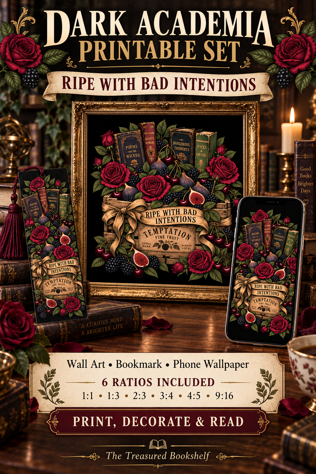 Add a rich dark-academia mood to your reading nook with this “Ripe With Bad Intentions” printable set. Featuring antique books, burgundy roses, dark berries, figs and vintage botanical details, the collection includes printable wall art, a matching bookmark and phone wallpaper in six versatile ratios. A beautiful digital download for gothic libraries, romance-reader spaces and cozy bookish decor from The Treasured Bookshelf.