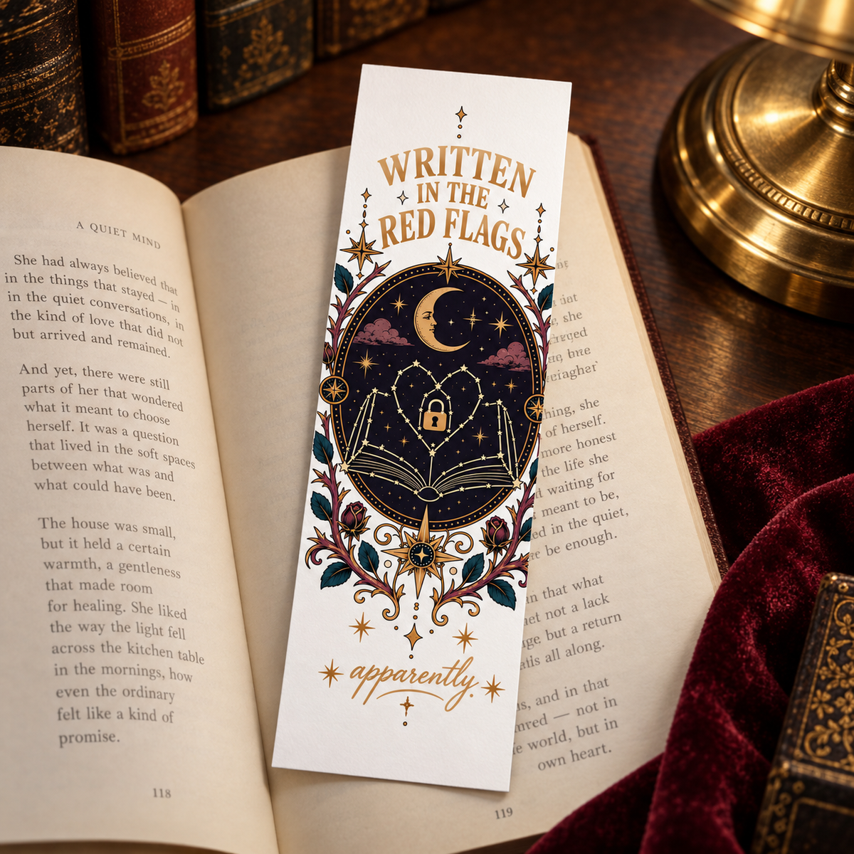 Dark Romance Printable Set, Written in the Red Flags Wall Art, Celestial Book Lover Decor, Printable Bookmark, Phone Wallpaper