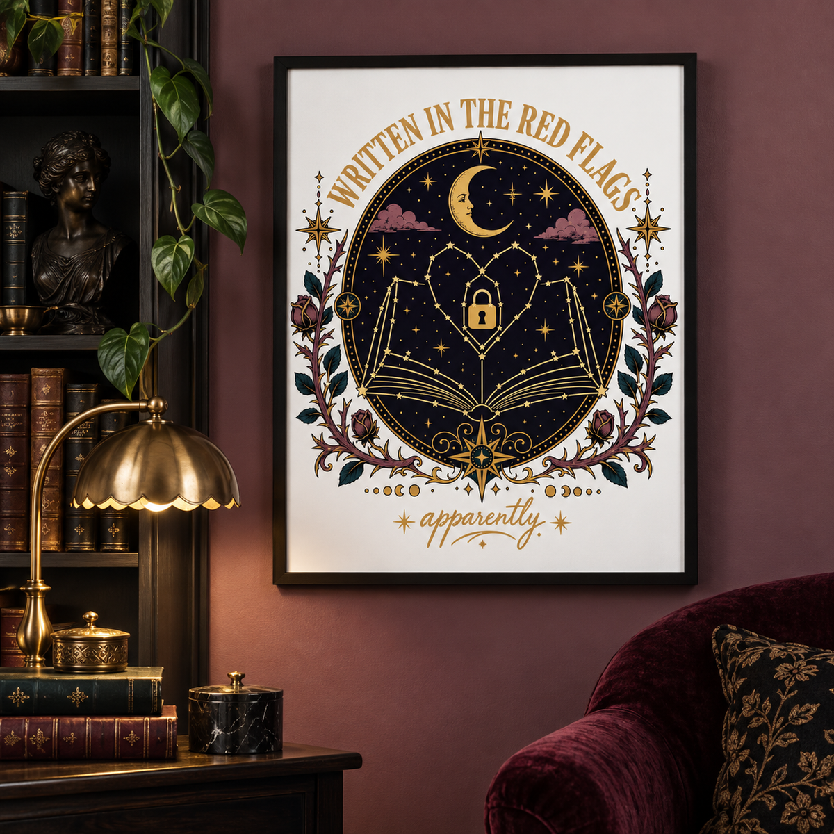 Dark Romance Printable Set, Written in the Red Flags Wall Art, Celestial Book Lover Decor, Printable Bookmark, Phone Wallpaper