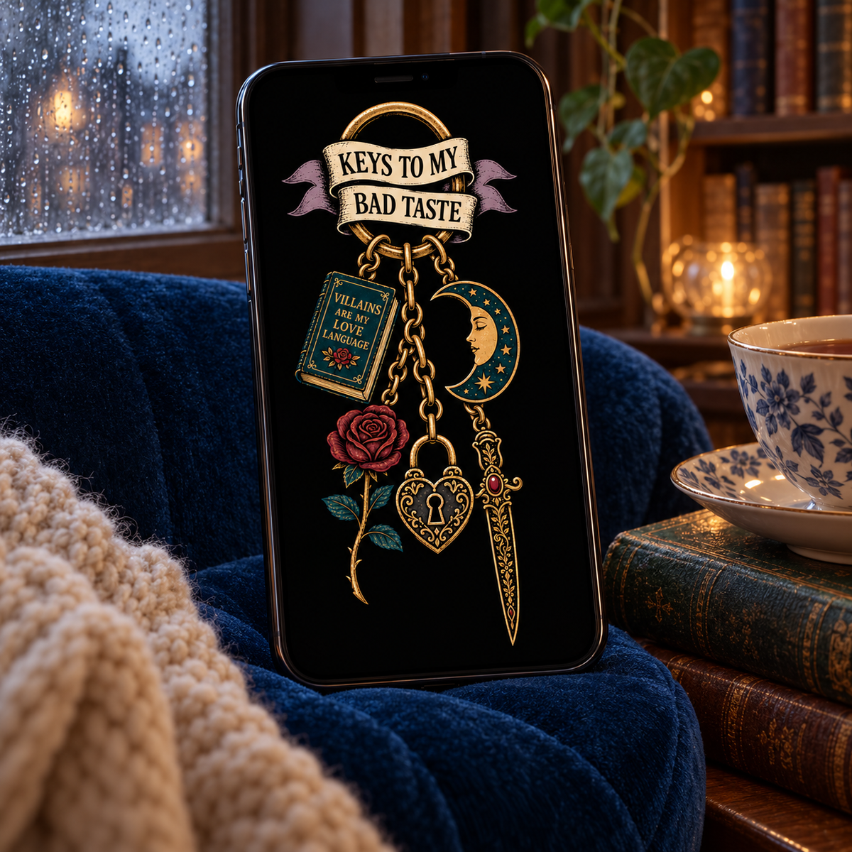 A smartphone leaning on a blue velvet armchair in a cozy room, displaying a black-and-gold graphic with the text 'KEYS TO MY BAD TASTE' and hanging decorative elements including a rose, moon, dagger, and book.