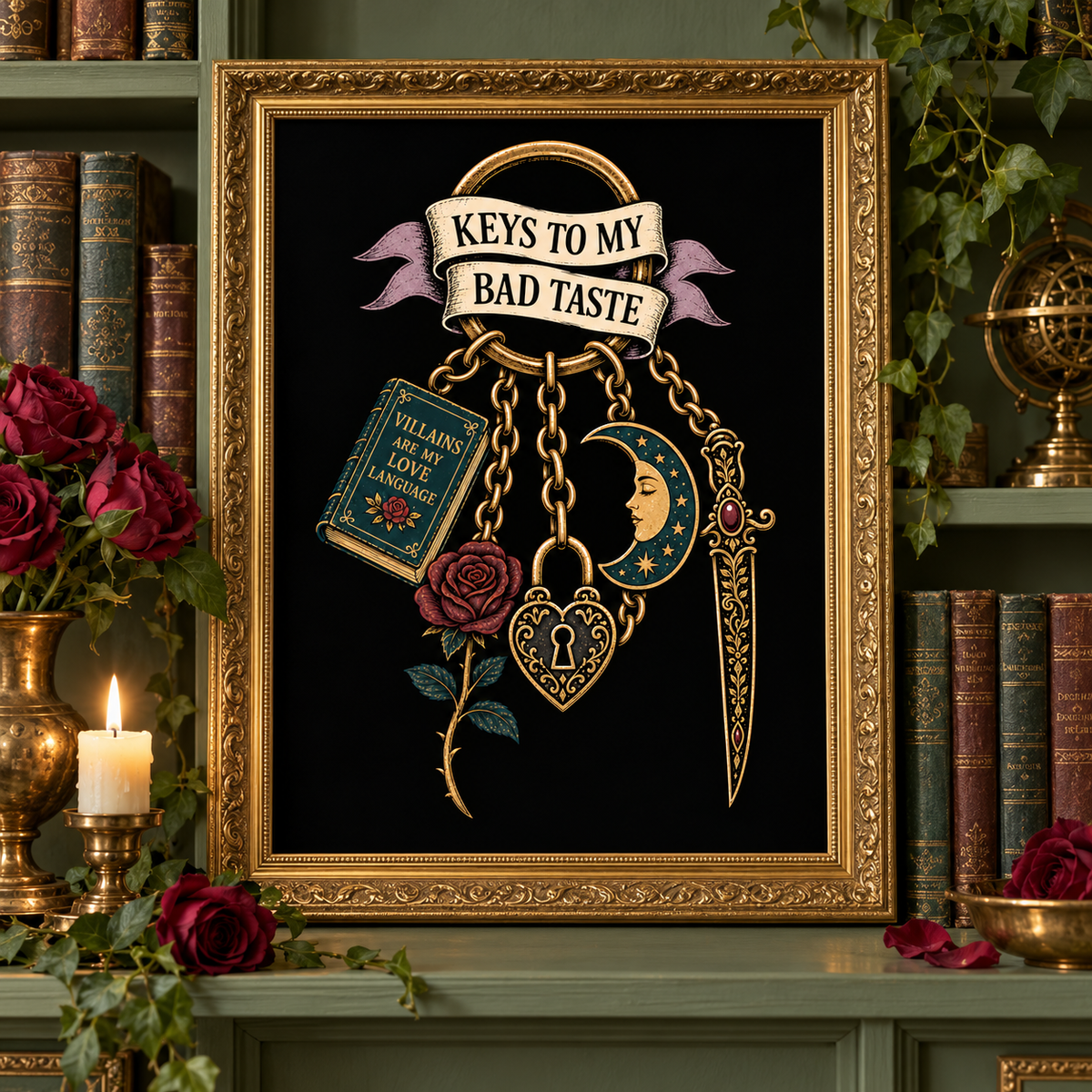 A framed gothic-style art print featuring a black background with a gold ornate frame, a banner reading 'KEYS TO MY BAD TASTE,' a rose, a moon key, a dagger, and a book labeled 'WILLINGNESS TO TASTE DAMNITY.' The framed piece is displayed on a green shelf surrounded by books, roses, candles, and greenery.