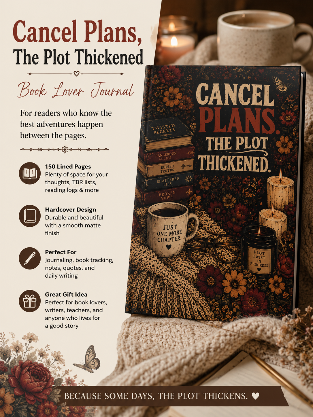 Cancel Plans The Plot Thickened Journal, Book Lover Notebook, Reading Journal, BookTok Journal, Hardcover Reader Gift