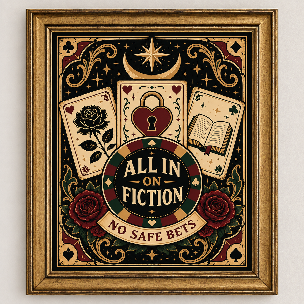 A framed square art print with a vintage fantasy design featuring playing cards, roses, a crescent moon, stars, and a central badge that reads 'ALL IN ON FICTION' with 'NO SAFE BETS' below, shown against a plain light wall.