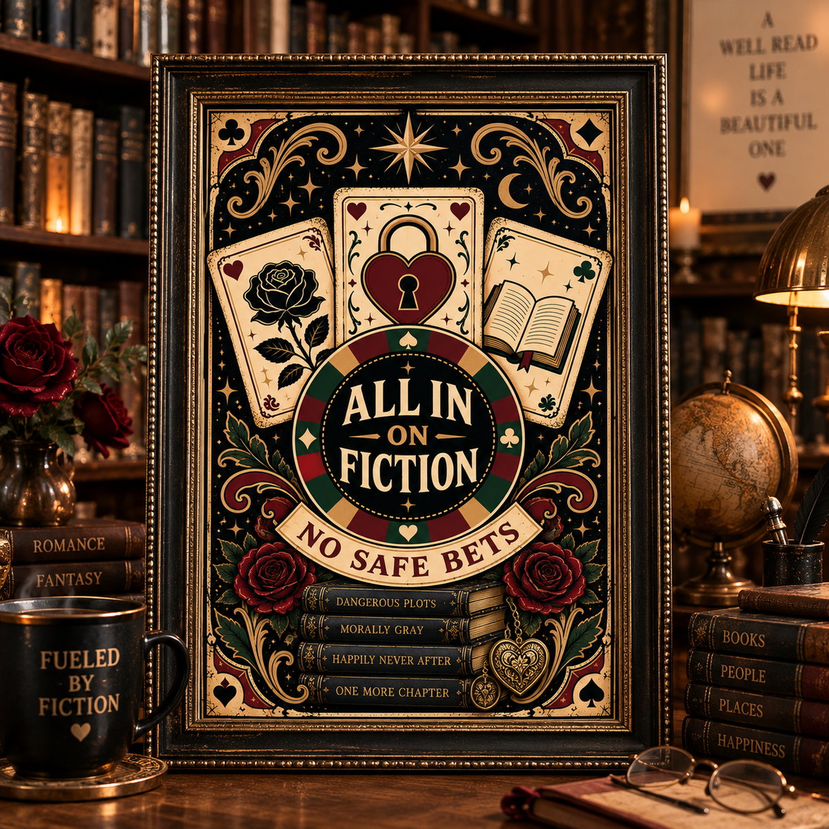 A framed decorative art print with a vintage sci-fi romance theme, featuring playing cards, roses, and the text 'ALL IN ON FICTION' and 'NO SAFE BETS', displayed on a wooden table in a cozy, book-filled room.