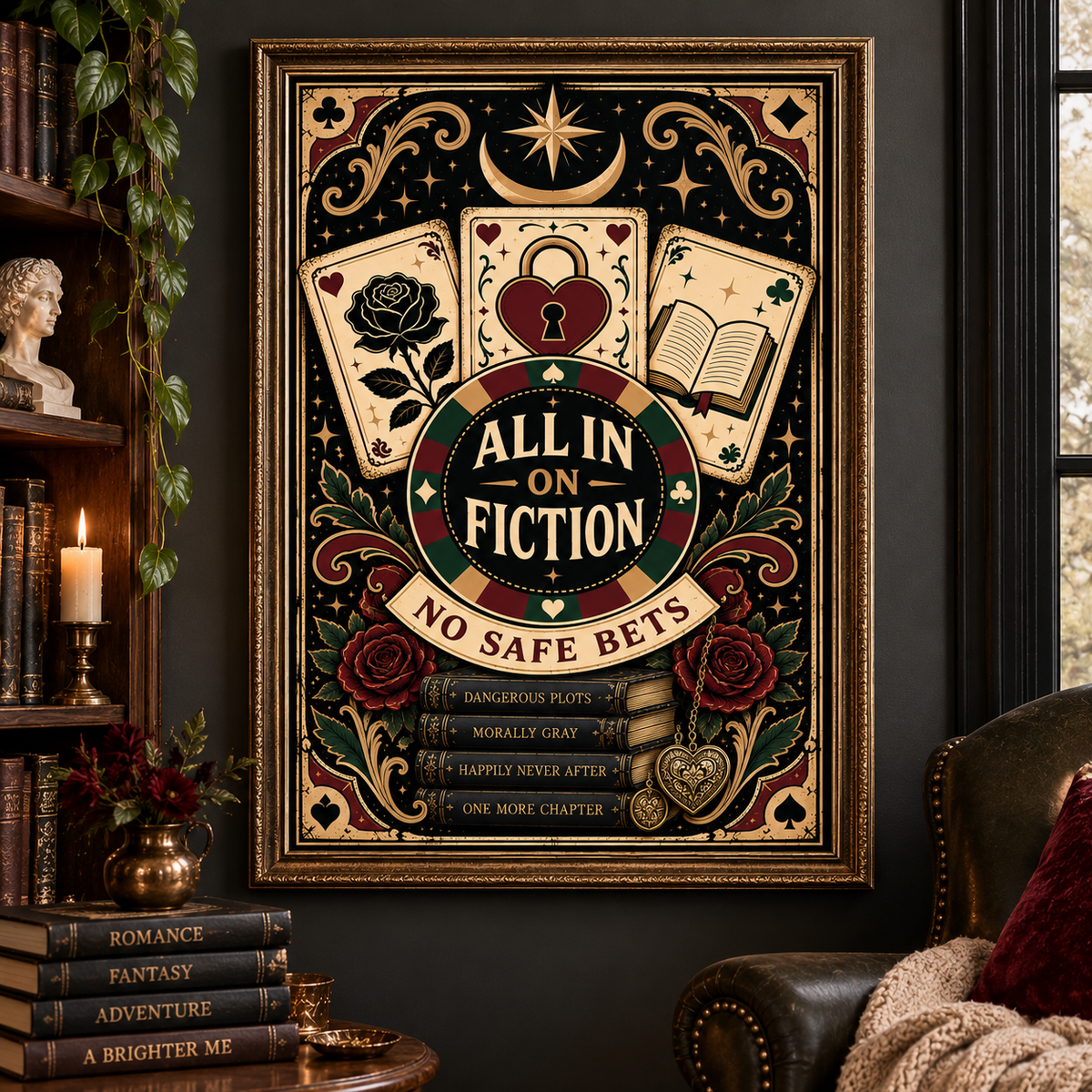 A framed vertical wall art print with a dark gothic design featuring playing cards, roses, a padlock, stars, and the text 'ALL IN ON FICTION' and 'NO SAFE BETS,' displayed in a styled room beside a bookshelf and leather chair.