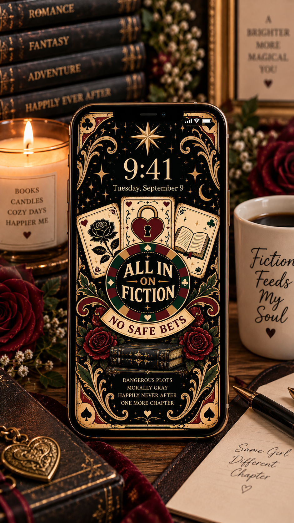 For readers who are officially all in on fiction and taking absolutely no safe bets. πβ₯οΈ This vintage-inspired printable set blends books, roses, playing-card details, celestial accents, and dark romantic colors for a bold bookish look that works beautifully in reading nooks, home libraries, bedrooms, and cozy reader spaces. Includes coordinating printable wall art, a bookmark, and a phone wallpaper for romance, romantasy, and dark romance lovers.