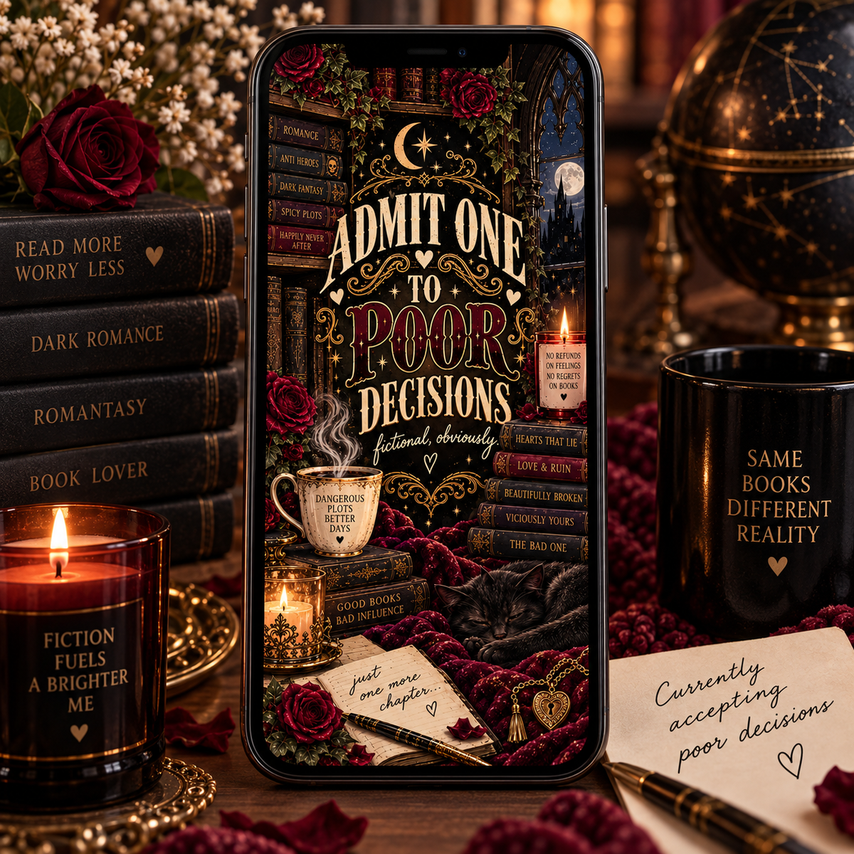 A black smartphone centered in a styled tabletop scene, displaying a dark gothic book-themed graphic with roses, candles, and the text 'ADMIT ONE TO POOR DECISIONS'. Surrounding props include black books, a lit candle reading 'FICTION FUEL A BRIGHTER ME', a black mug with 'SAME BOOKS DIFFERENT REALITY', rose petals, and a note that says 'Currently accepting poor decisions'.