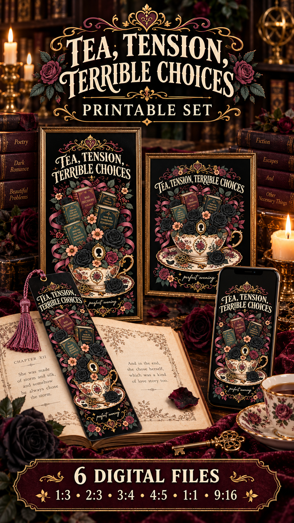 Tea, tension, and terrible choices—the perfect recipe for a dramatic reading night. This dark romance printable set includes coordinating wall art in multiple ratios, a printable bookmark, a square print, and a phone wallpaper. Featuring black roses, vintage books, and gothic details, it’s perfect for reading nooks, home libraries, dark academia décor, and romantasy book lovers. Digital download included.