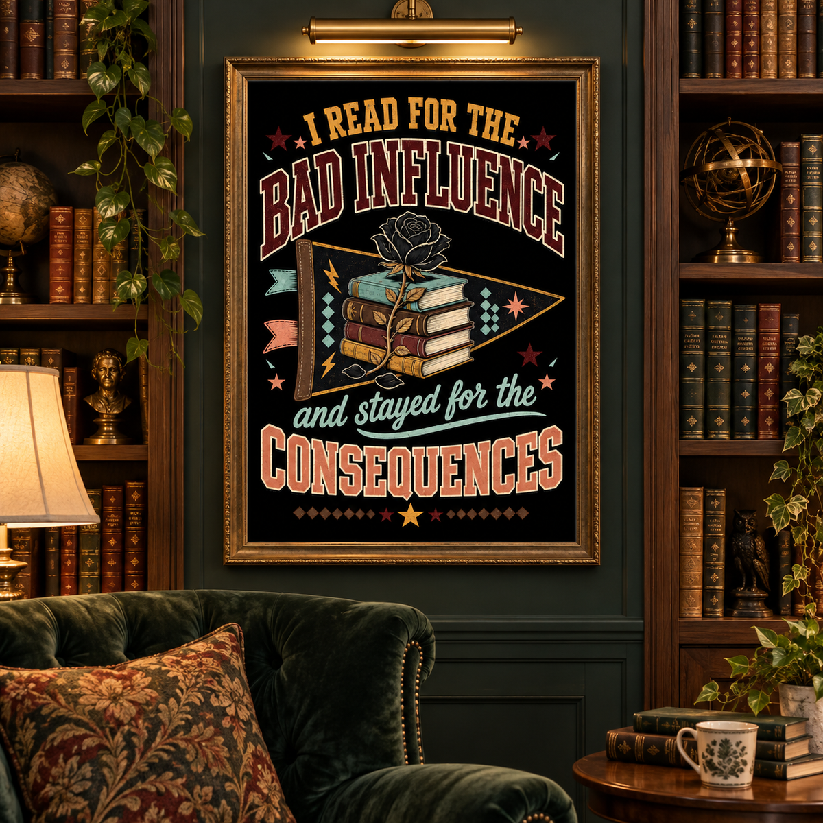 A framed vintage-style book-themed poster hangs on a dark green wall in a cozy library setting with bookshelves, a lamp, and a green velvet armchair. The poster features the text 'I READ FOR THE BAD INFLUENCE and stayed for the CONSEQUENCES' with illustrations of stacked books, a rose, and stars.
