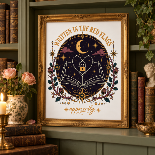 Dark Romance Printable Set, Written in the Red Flags Wall Art, Celestial Book Lover Decor, Printable Bookmark, Phone Wallpaper