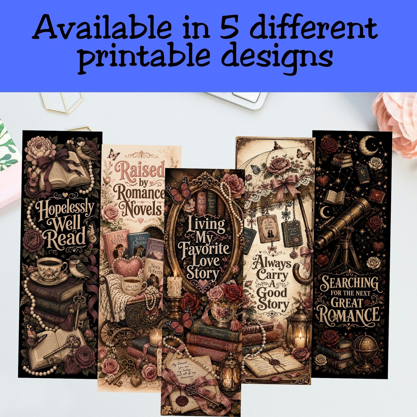 Romance Reader Printable Bookmarks, Book Lover Bookmark Set, Vintage Bookish Bookmarks, Instant Download PDF PNG