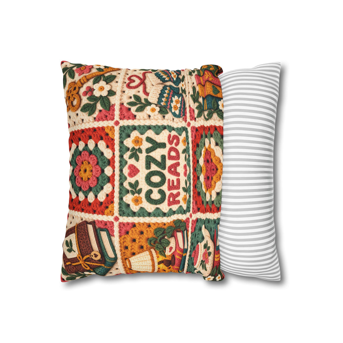 Book Lover Pillow Cover, Cozy Reads Pillow Case, Faux Crochet Granny Square Pillow, Bookish Decor, Reading Nook Gift, 14x14 Cushion Cover