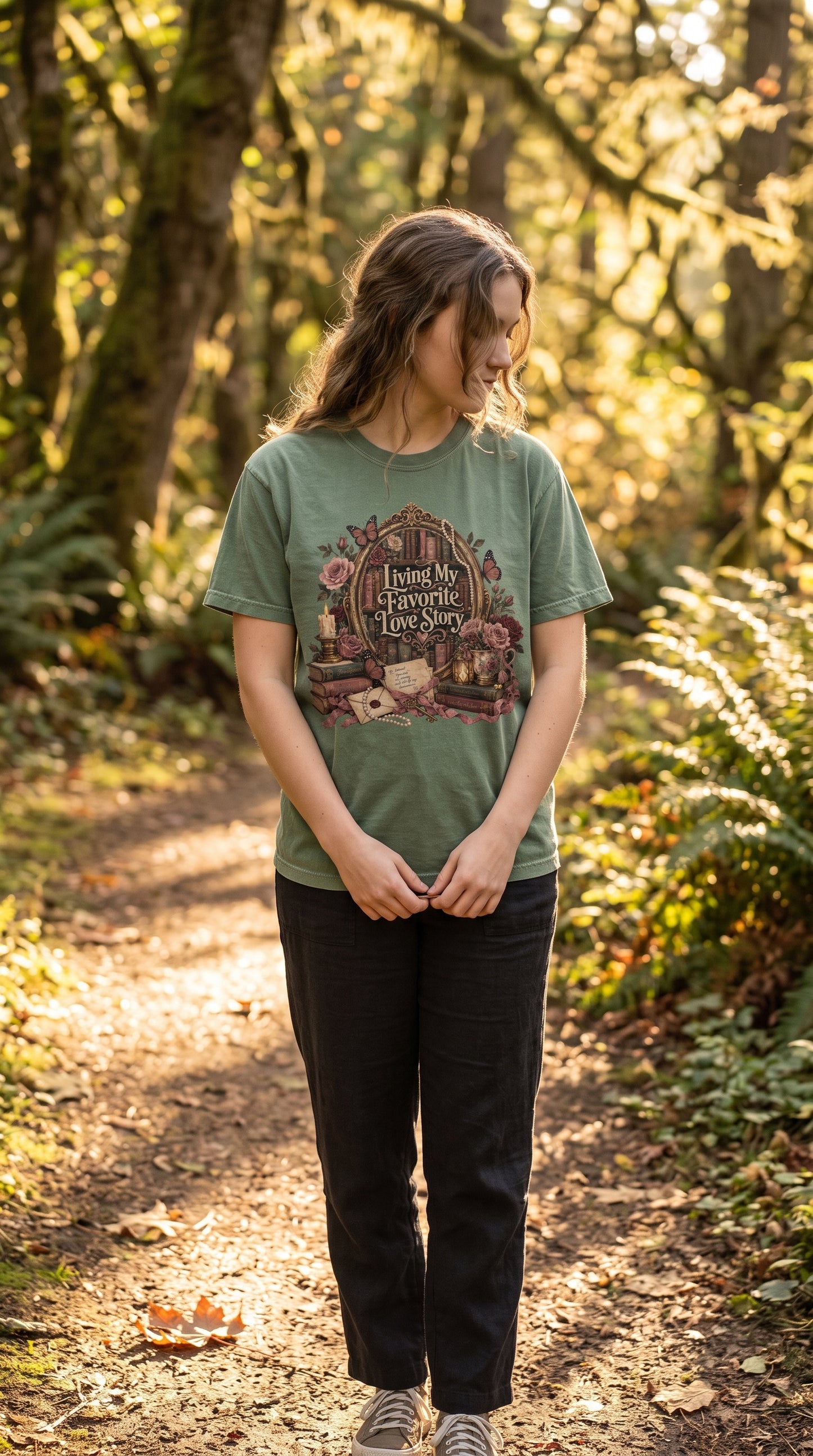 Some love stories stay on the page. Others become part of who you are. 🌹📚 The Living My Favorite Love Story shirt is perfect for romance readers, BookTok fans, and book lovers who believe every great story deserves a happily ever after. Featuring a vintage-inspired design with antique books, roses, butterflies, pearls, handwritten love letters, and elegant literary details, this cozy tee is made for bookstore trips, library days, coffee shop reading dates, and anyone who carries a little romance wherever 