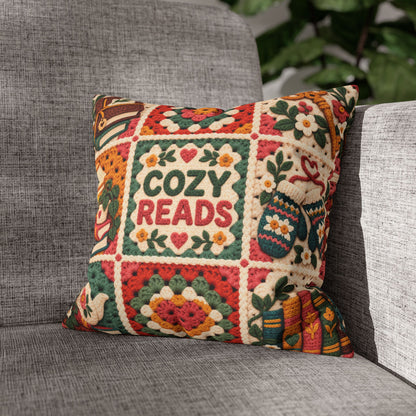 Book Lover Pillow Cover, Cozy Reads Pillow Case, Faux Crochet Granny Square Pillow, Bookish Decor, Reading Nook Gift, 14x14 Cushion Cover