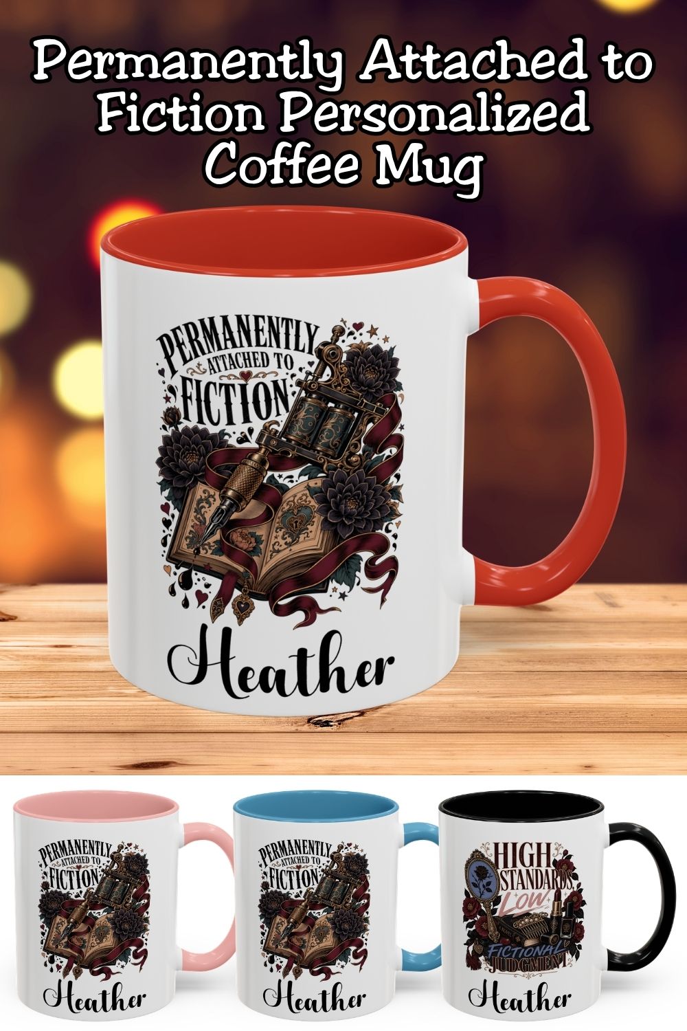 Permanently attached to fiction? Make it personal with this gothic book lover mug featuring an ornate tattoo machine, an open book, dark flowers, and burgundy ribbons. Add your name and choose an 11 oz or 15 oz size, both available with red, light blue, black, or pink accents. A thoughtful gift for romance readers, tattoo lovers, writers, and book club friends whose favorite stories stay with them. Save this idea for your next bookish gift.