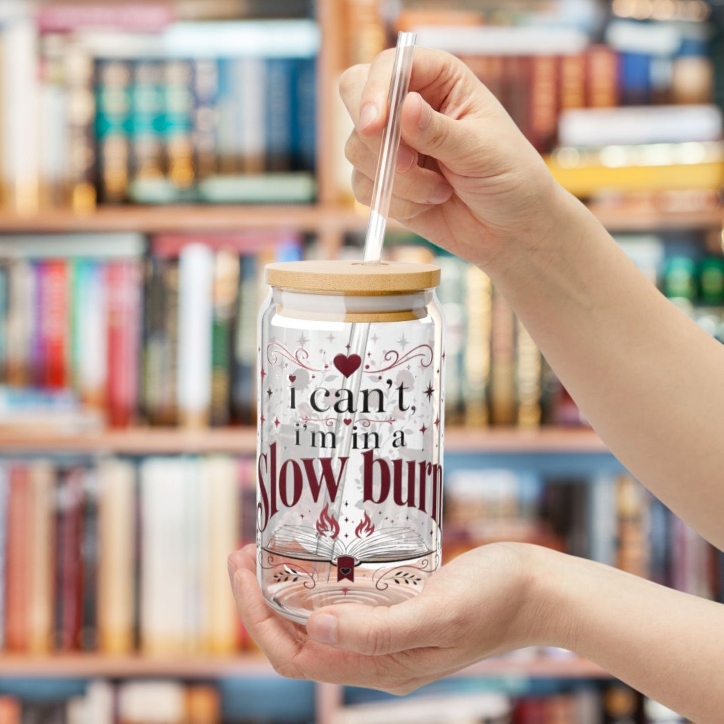 I'm in a Slow Burn 16oz Glass Cup | Romance Reader Glass Can | BookTok Iced Coffee Cup | Enemies to Lovers Book Lover Gift