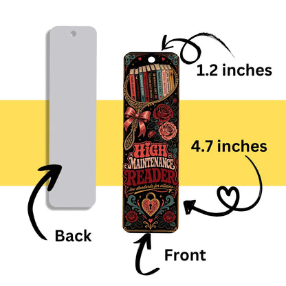 A book-themed card holder or bookmark shown with front and back views on a white and yellow background, with measurement arrows and labels indicating 1.2 inches by 4.