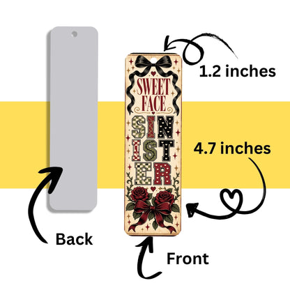 A decorative rectangular book or wall plaque shown from front and back on a white background with a yellow horizontal band. The front features the words “Sweet Face Sinister” in stylized lettering with bows, stars, and red roses, plus dimension labels “1.