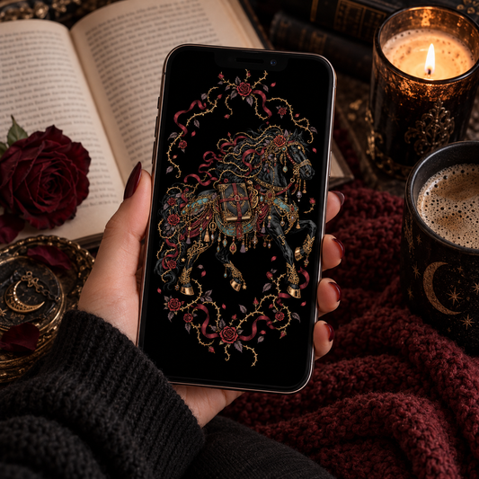Dark Romantasy Horse Printable Set, Gothic Book Lover Wall Art, Fantasy Reading Decor, Horse Bookmark, Phone Wallpaper