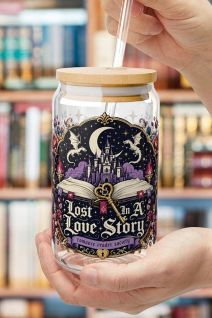 Lost in a Love Story 16oz Glass Cup | Romantasy Libby Glass | Fantasy Romance BookTok Iced Coffee Cup