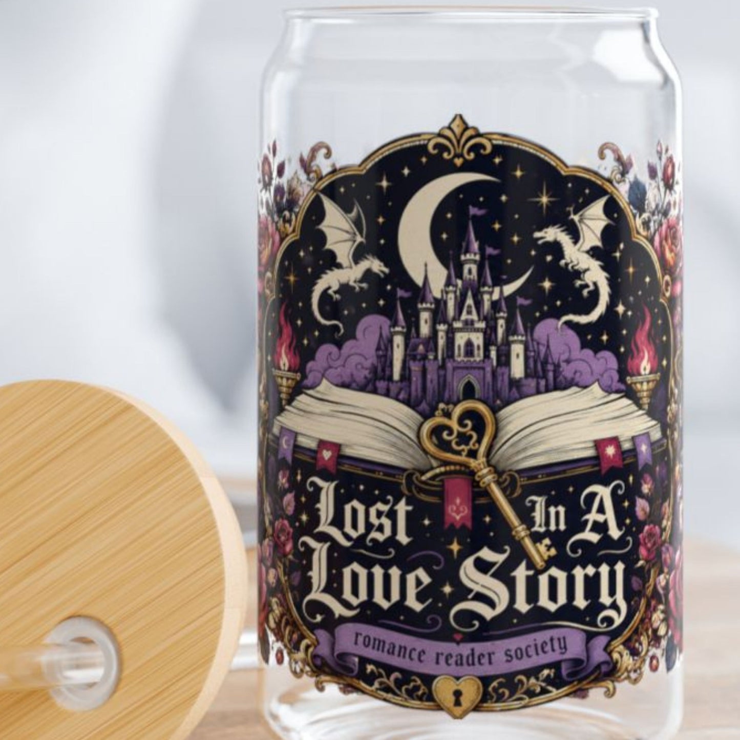 Lost in a Love Story 16oz Glass Cup | Romantasy Libby Glass | Fantasy Romance BookTok Iced Coffee Cup