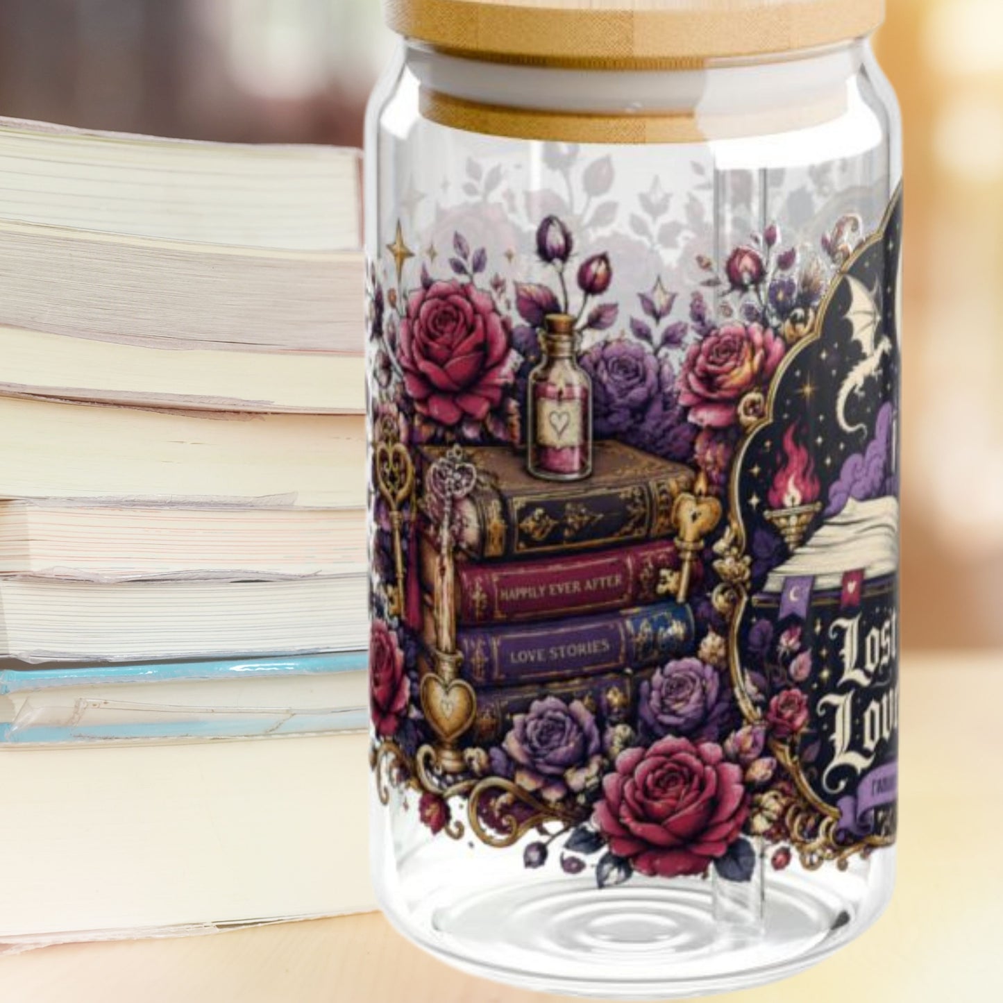 Lost in a Love Story 16oz Glass Cup | Romantasy Libby Glass | Fantasy Romance BookTok Iced Coffee Cup