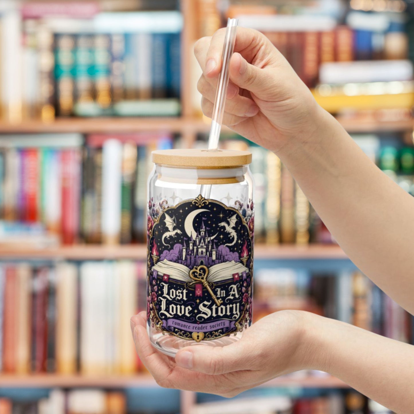 Lost in a Love Story 16oz Glass Cup | Romantasy Libby Glass | Fantasy Romance BookTok Iced Coffee Cup