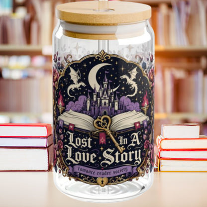 Lost in a Love Story 16oz Glass Cup | Romantasy Libby Glass | Fantasy Romance BookTok Iced Coffee Cup