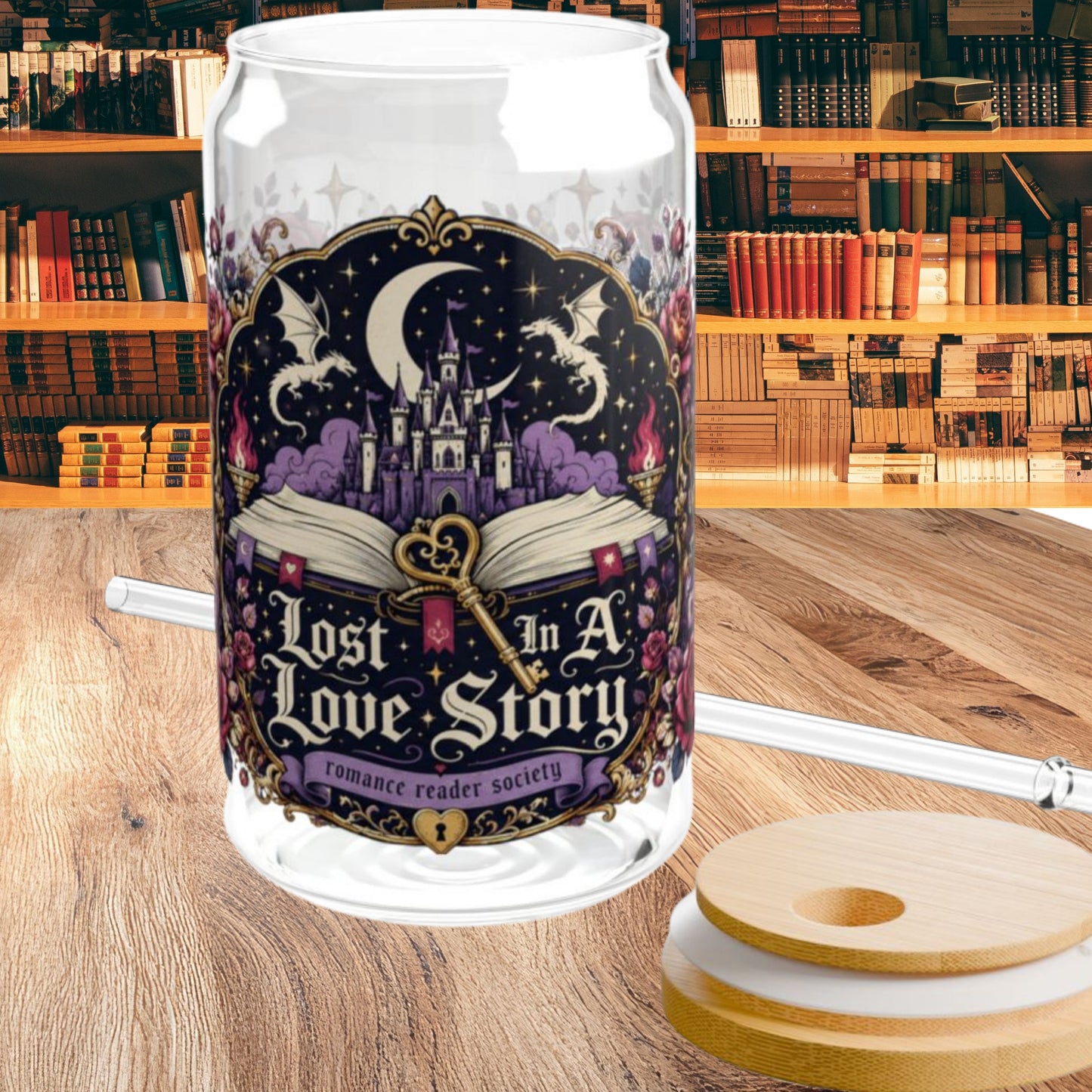 Lost in a Love Story 16oz Glass Cup | Romantasy Libby Glass | Fantasy Romance BookTok Iced Coffee Cup