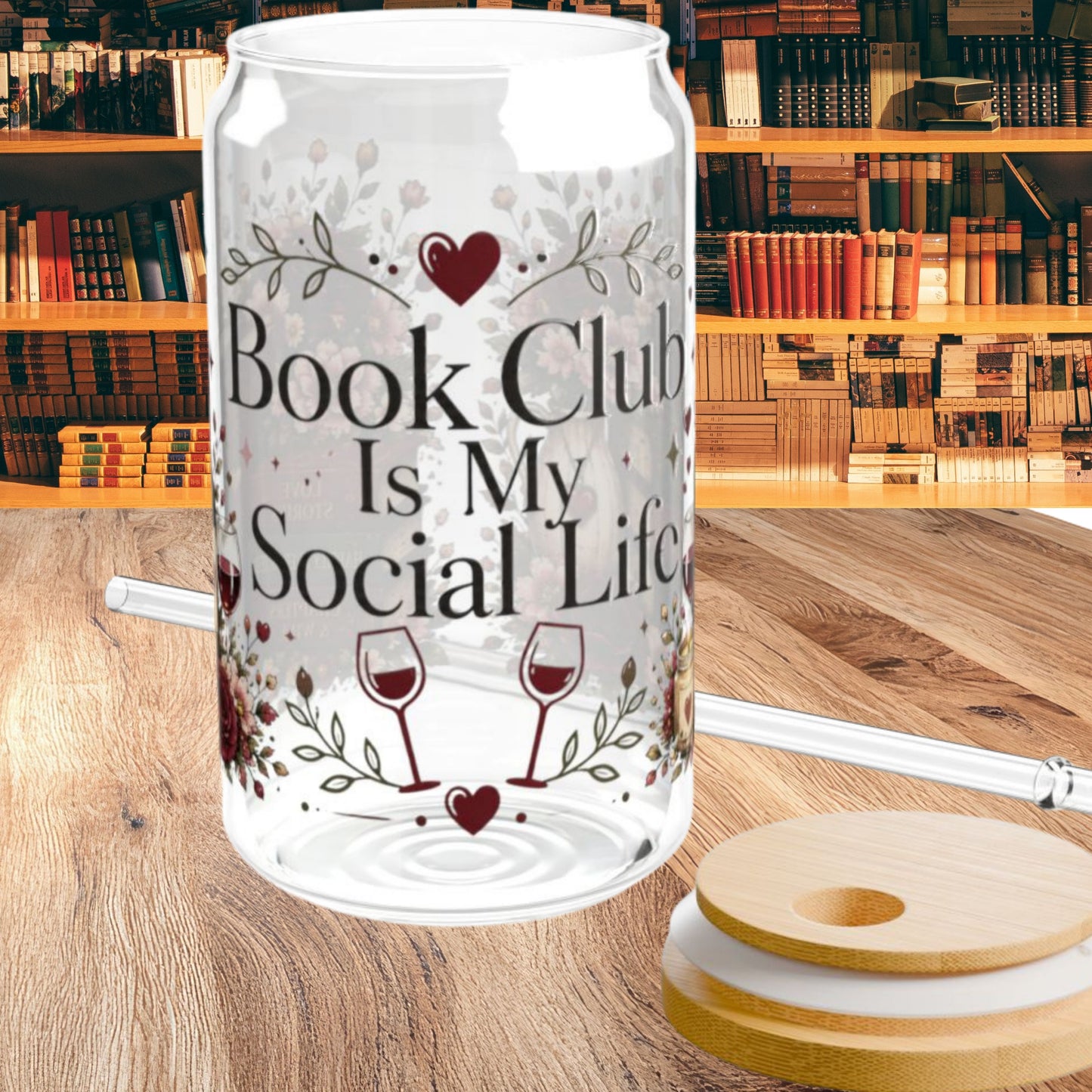 Book Club Is My Social Life 16oz Glass Cup | Book Lover Libby Glass | Wine Lover BookTok Iced Coffee Cup