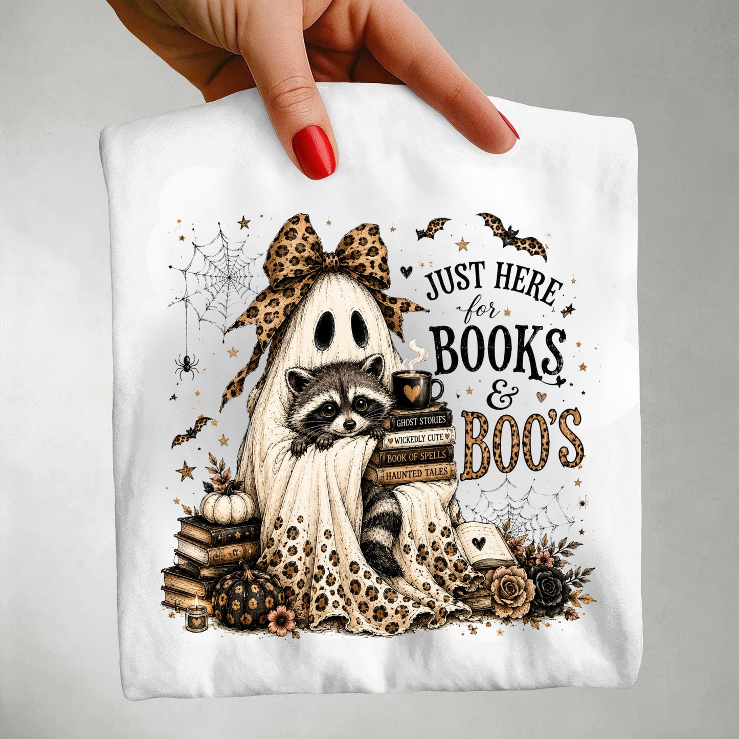 Books & Boo's Halloween Shirt, Book Lover Ghost Tee, Cute Raccoon Reading Shirt, Coquette Fall Graphic Tee