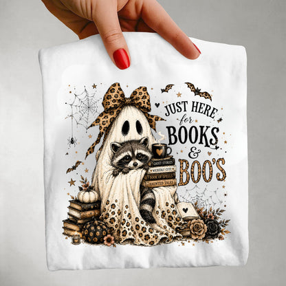 Books & Boo's Halloween Shirt, Book Lover Ghost Tee, Cute Raccoon Reading Shirt, Coquette Fall Graphic Tee
