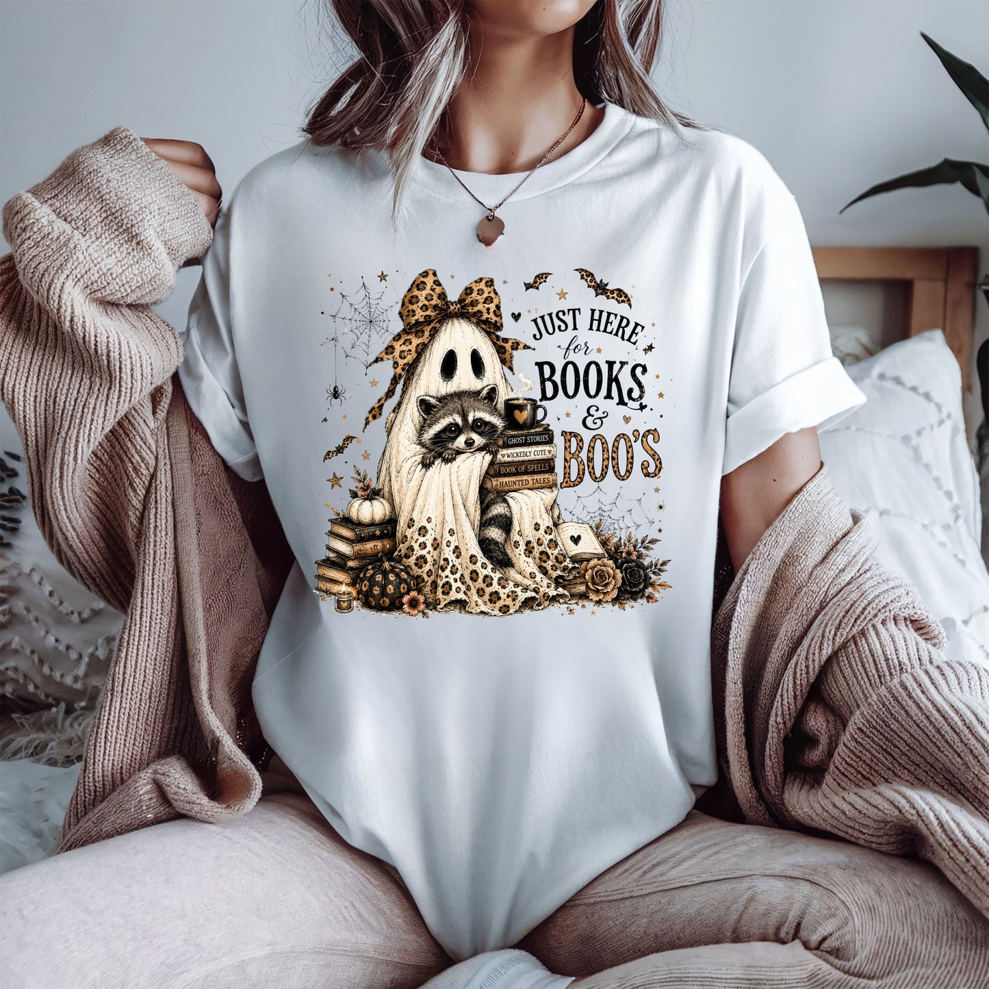 Books & Boo's Halloween Shirt, Book Lover Ghost Tee, Cute Raccoon Reading Shirt, Coquette Fall Graphic Tee