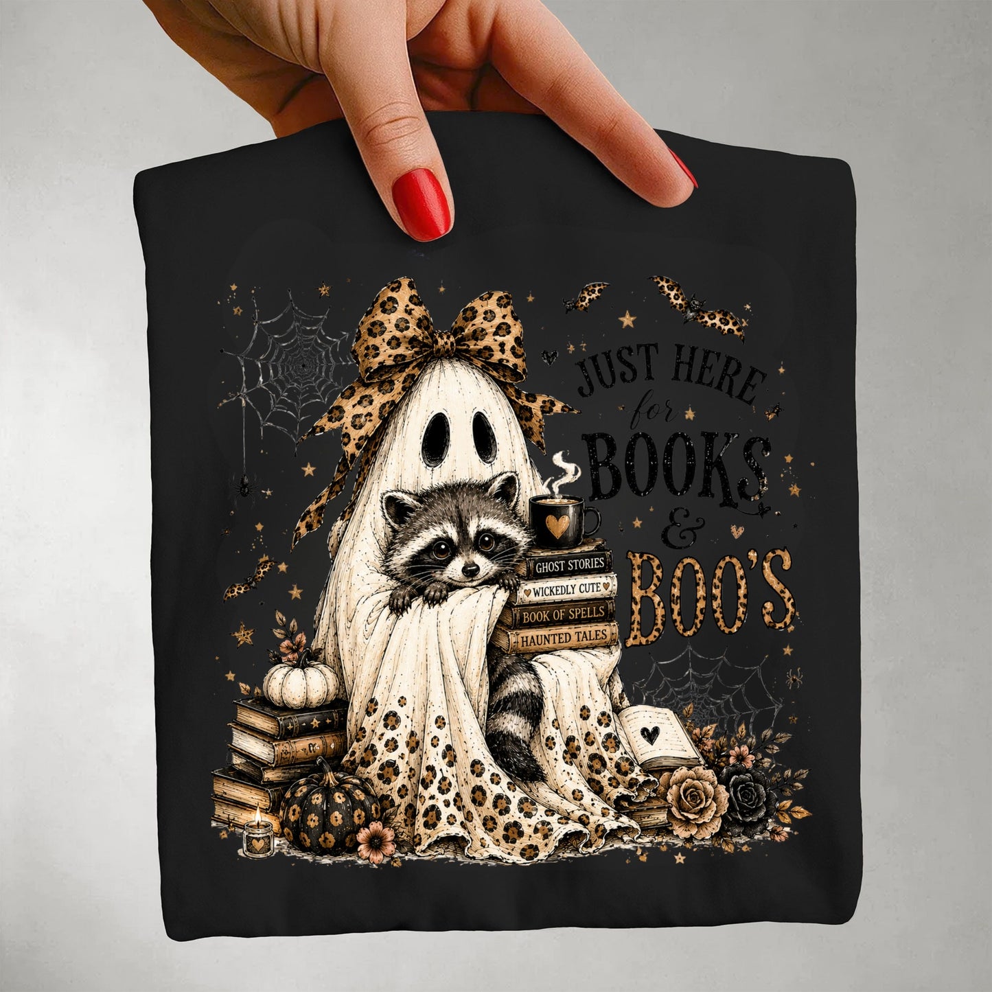 Books & Boo's Halloween Shirt, Book Lover Ghost Tee, Cute Raccoon Reading Shirt, Coquette Fall Graphic Tee