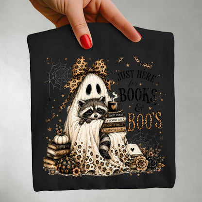 Books & Boo's Halloween Shirt, Book Lover Ghost Tee, Cute Raccoon Reading Shirt, Coquette Fall Graphic Tee