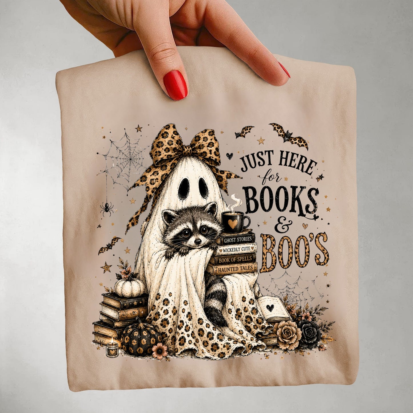 Books & Boo's Halloween Shirt, Book Lover Ghost Tee, Cute Raccoon Reading Shirt, Coquette Fall Graphic Tee