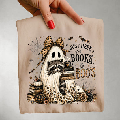 Books & Boo's Halloween Shirt, Book Lover Ghost Tee, Cute Raccoon Reading Shirt, Coquette Fall Graphic Tee