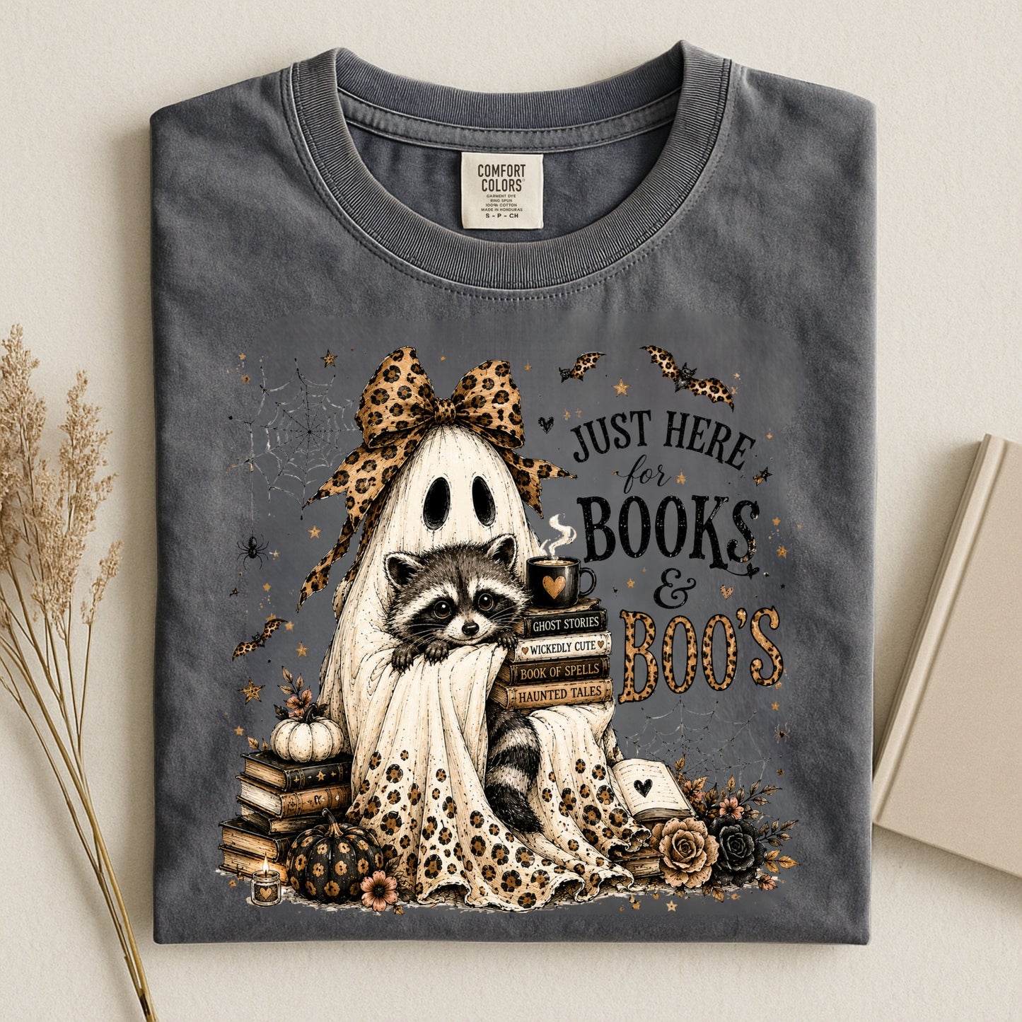 Books & Boo's Halloween Shirt, Book Lover Ghost Tee, Cute Raccoon Reading Shirt, Coquette Fall Graphic Tee