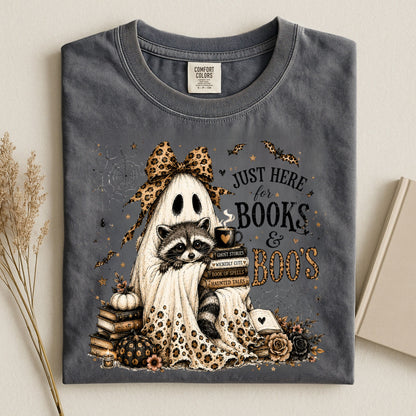 Books & Boo's Halloween Shirt, Book Lover Ghost Tee, Cute Raccoon Reading Shirt, Coquette Fall Graphic Tee