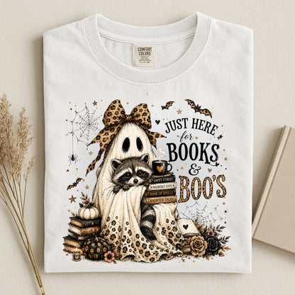 Books & Boo's Halloween Shirt, Book Lover Ghost Tee, Cute Raccoon Reading Shirt, Coquette Fall Graphic Tee
