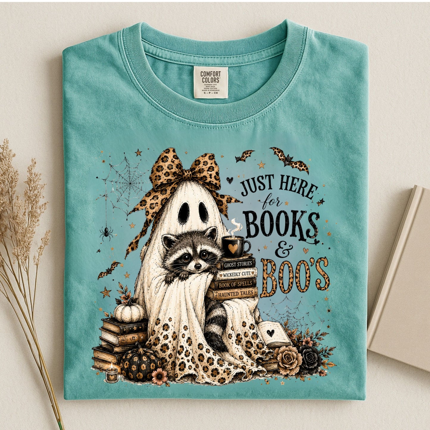 Books & Boo's Halloween Shirt, Book Lover Ghost Tee, Cute Raccoon Reading Shirt, Coquette Fall Graphic Tee