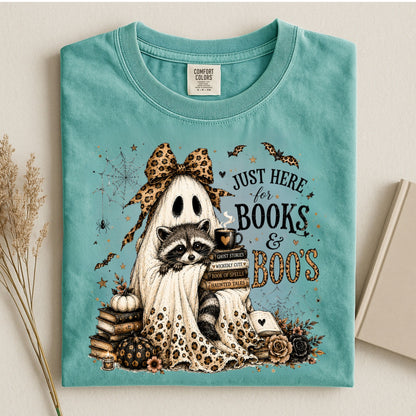 Books & Boo's Halloween Shirt, Book Lover Ghost Tee, Cute Raccoon Reading Shirt, Coquette Fall Graphic Tee