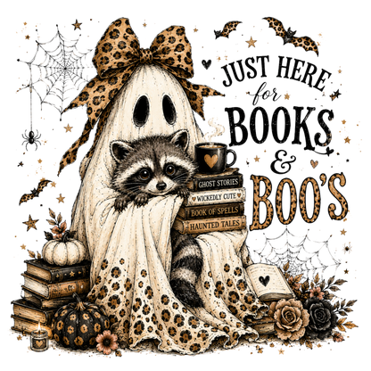 Books & Boo's Halloween Shirt, Book Lover Ghost Tee, Cute Raccoon Reading Shirt, Coquette Fall Graphic Tee