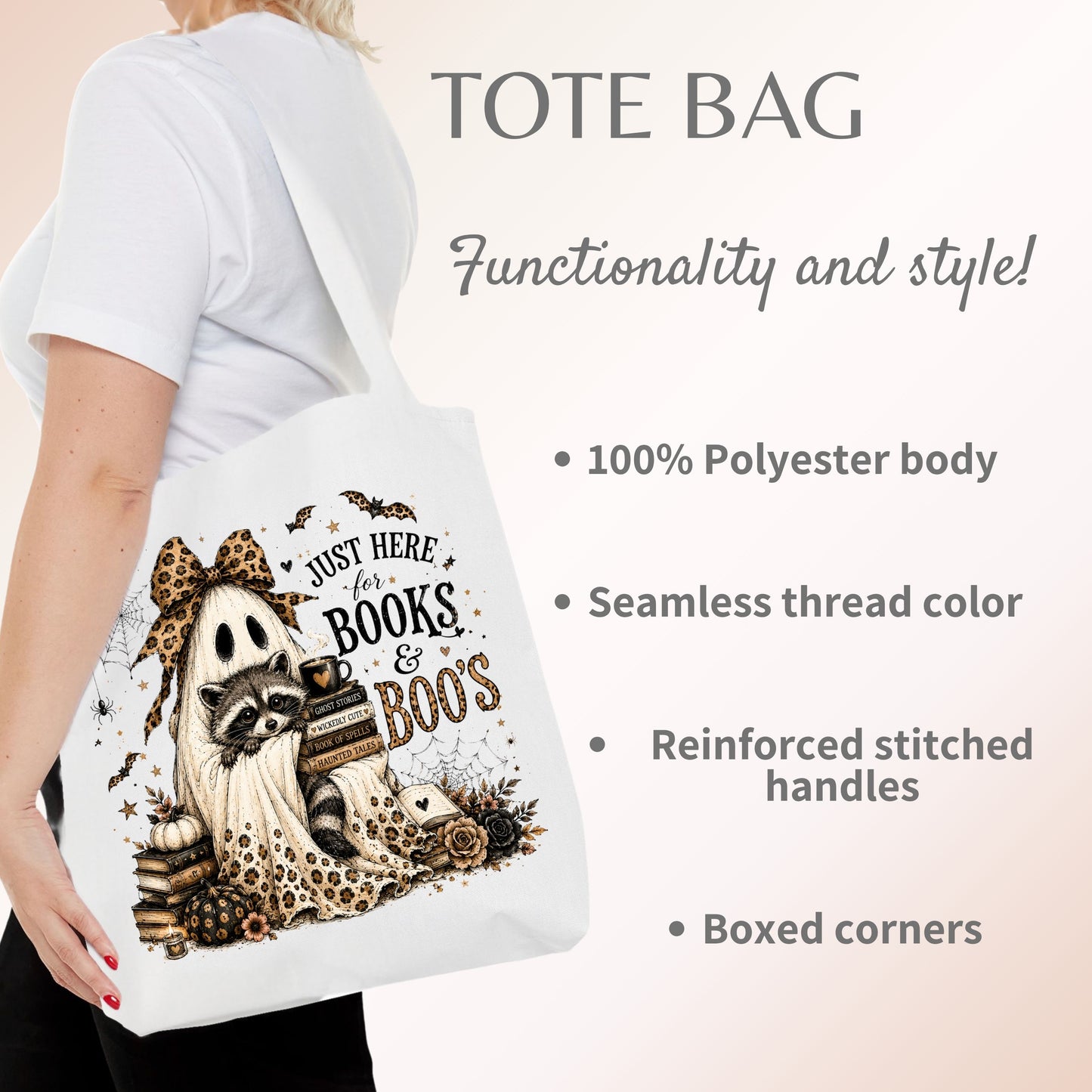 Books & Boo's Halloween Tote Bag | Cute Ghost & Raccoon Book Lover Bag | Coquette Fall Bookish Tote