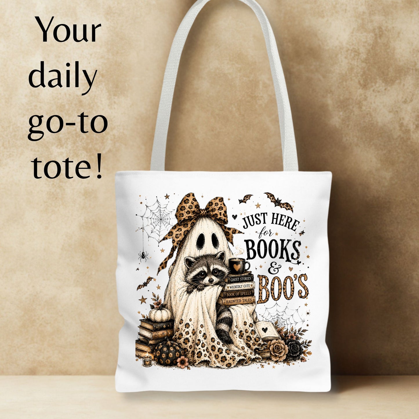 Books & Boo's Halloween Tote Bag | Cute Ghost & Raccoon Book Lover Bag | Coquette Fall Bookish Tote