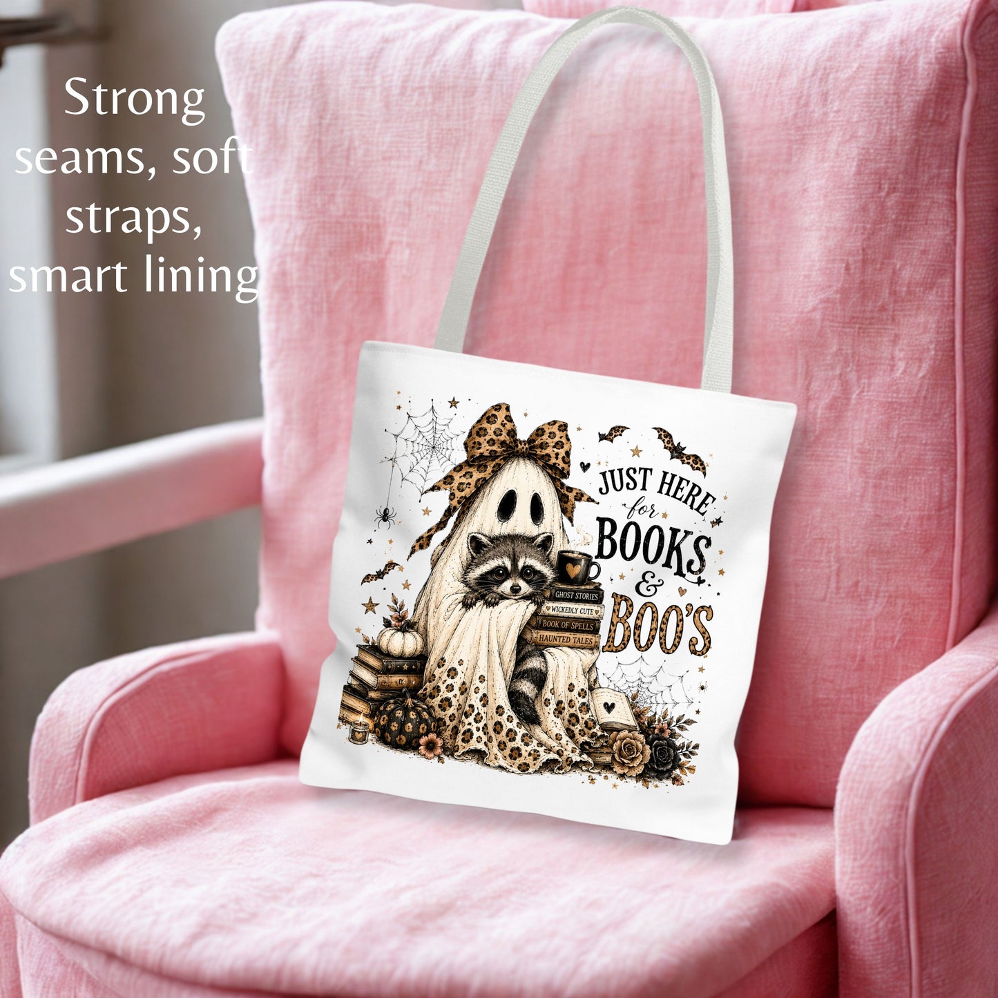 Books & Boo's Halloween Tote Bag | Cute Ghost & Raccoon Book Lover Bag | Coquette Fall Bookish Tote