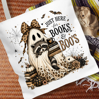 Books & Boo's Halloween Tote Bag | Cute Ghost & Raccoon Book Lover Bag | Coquette Fall Bookish Tote
